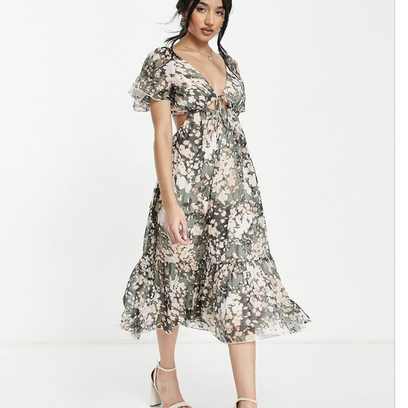 New ASOS Design Green Peach Blurred Floral Print Tie Front Cutout Midi Dress 8 - Picture 1 of 11